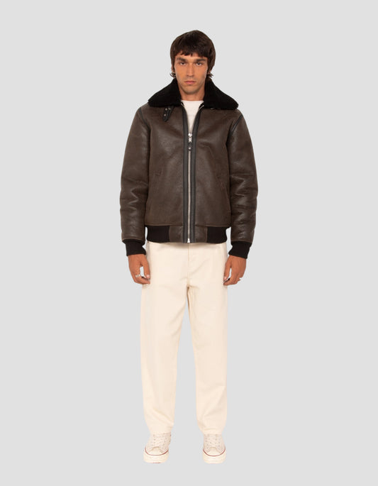 Schwarz-braune Jacke im Army-Stil aus doppelseitigem Lammfell