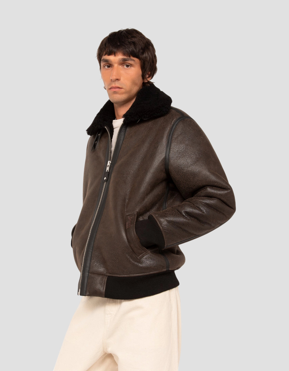 Blouson army noir et marron, mouton double face-4