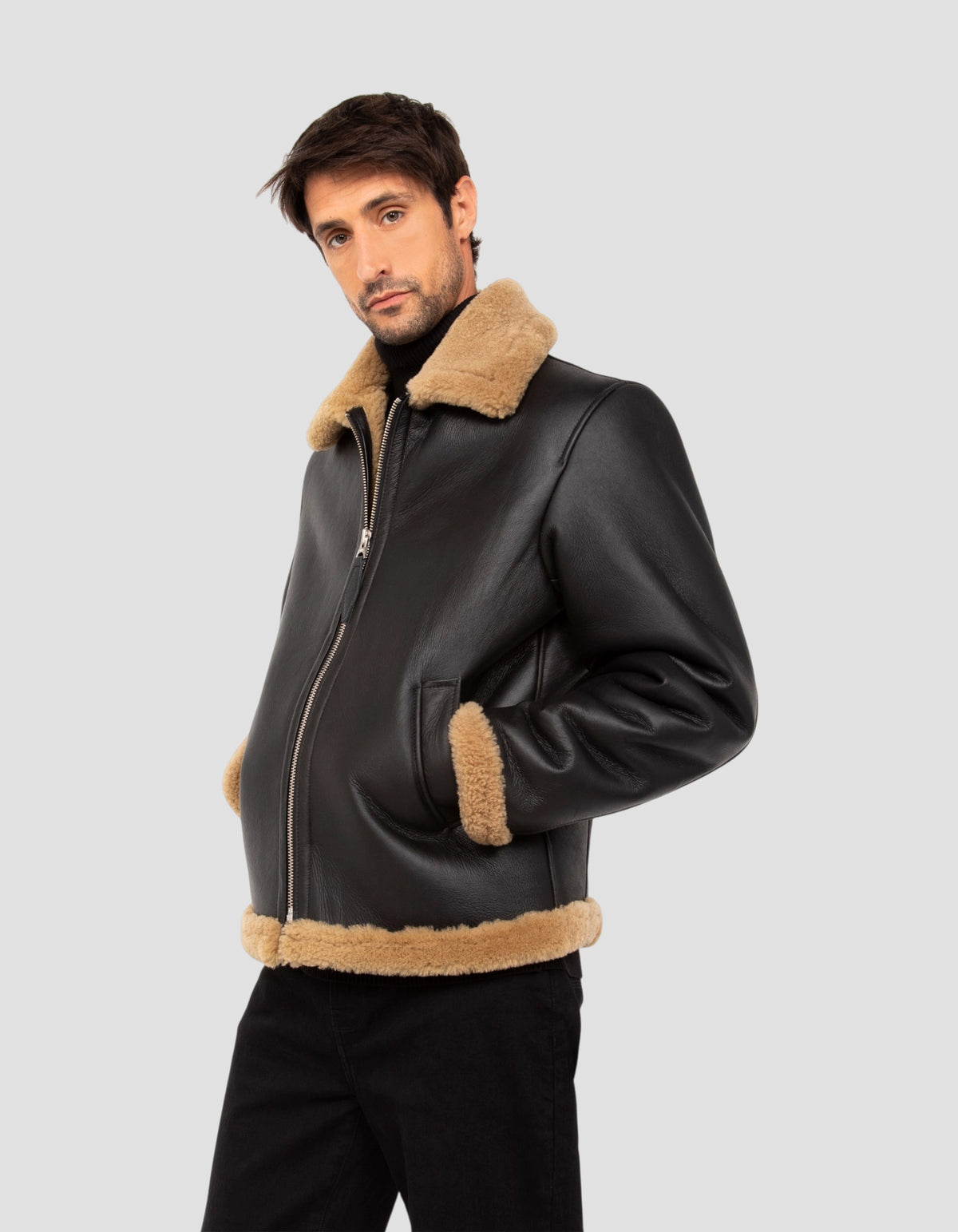 Blouson bombardier noir et gingembre, mouton double face-4