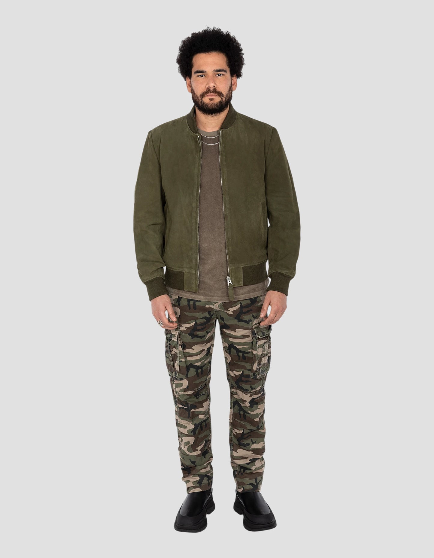 Blouson casual léger kaki, cuir de chèvre