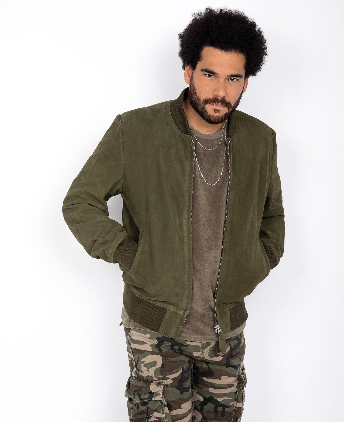 Blouson casual léger kaki, cuir de chèvre