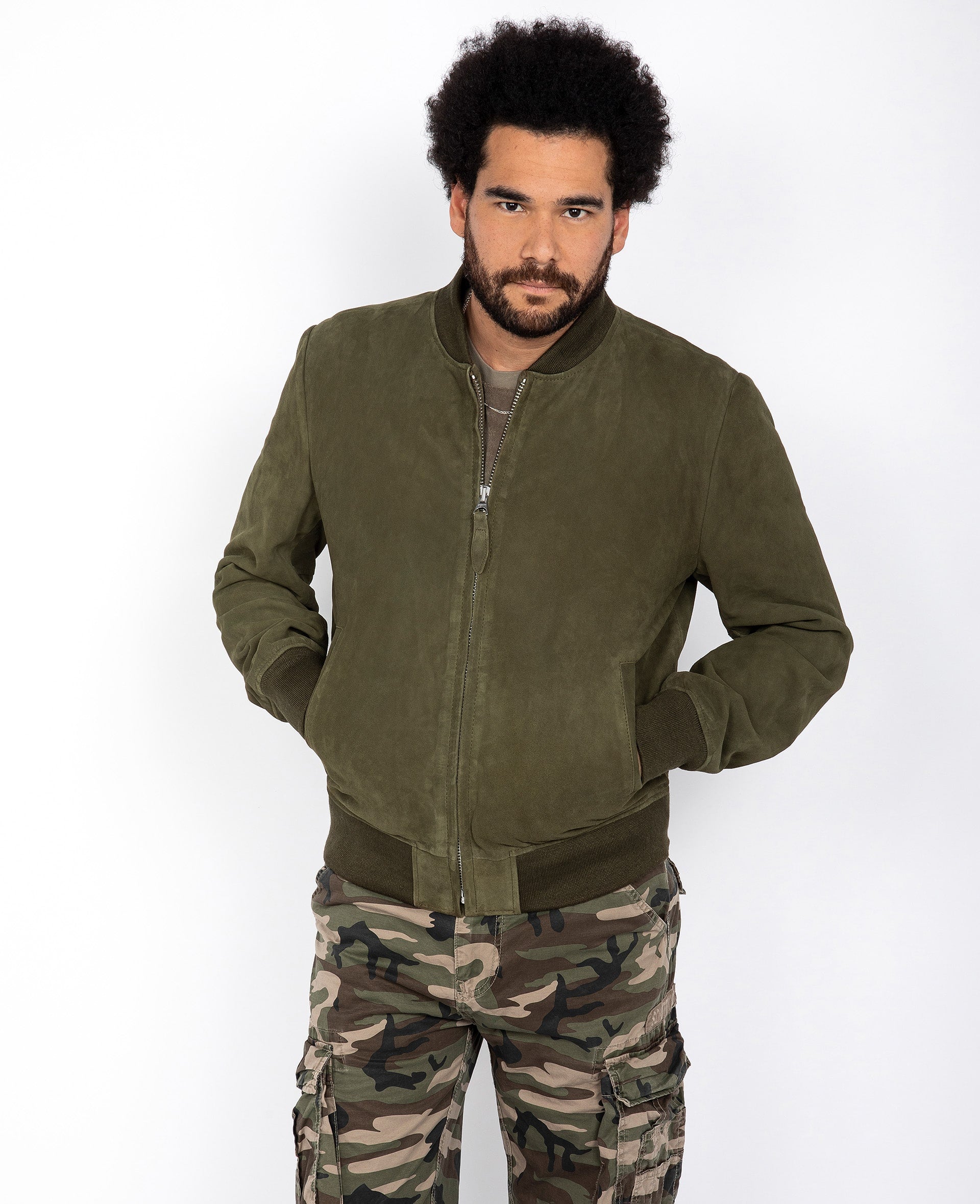 Blouson casual léger kaki, cuir de chèvre-4