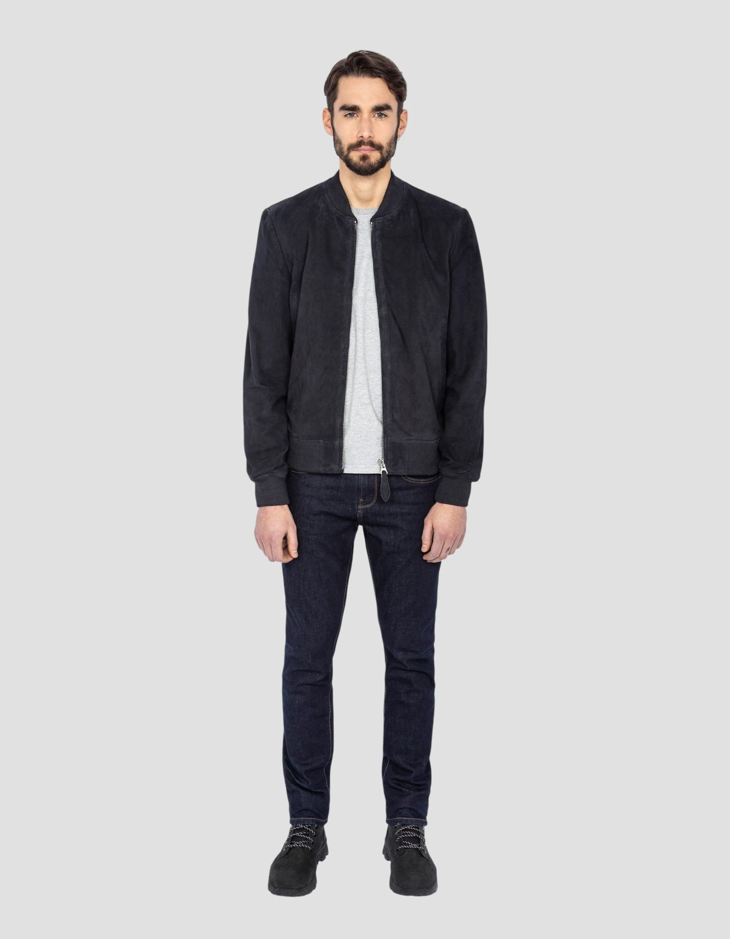 Blouson casual léger bleu marine, cuir de chèvre