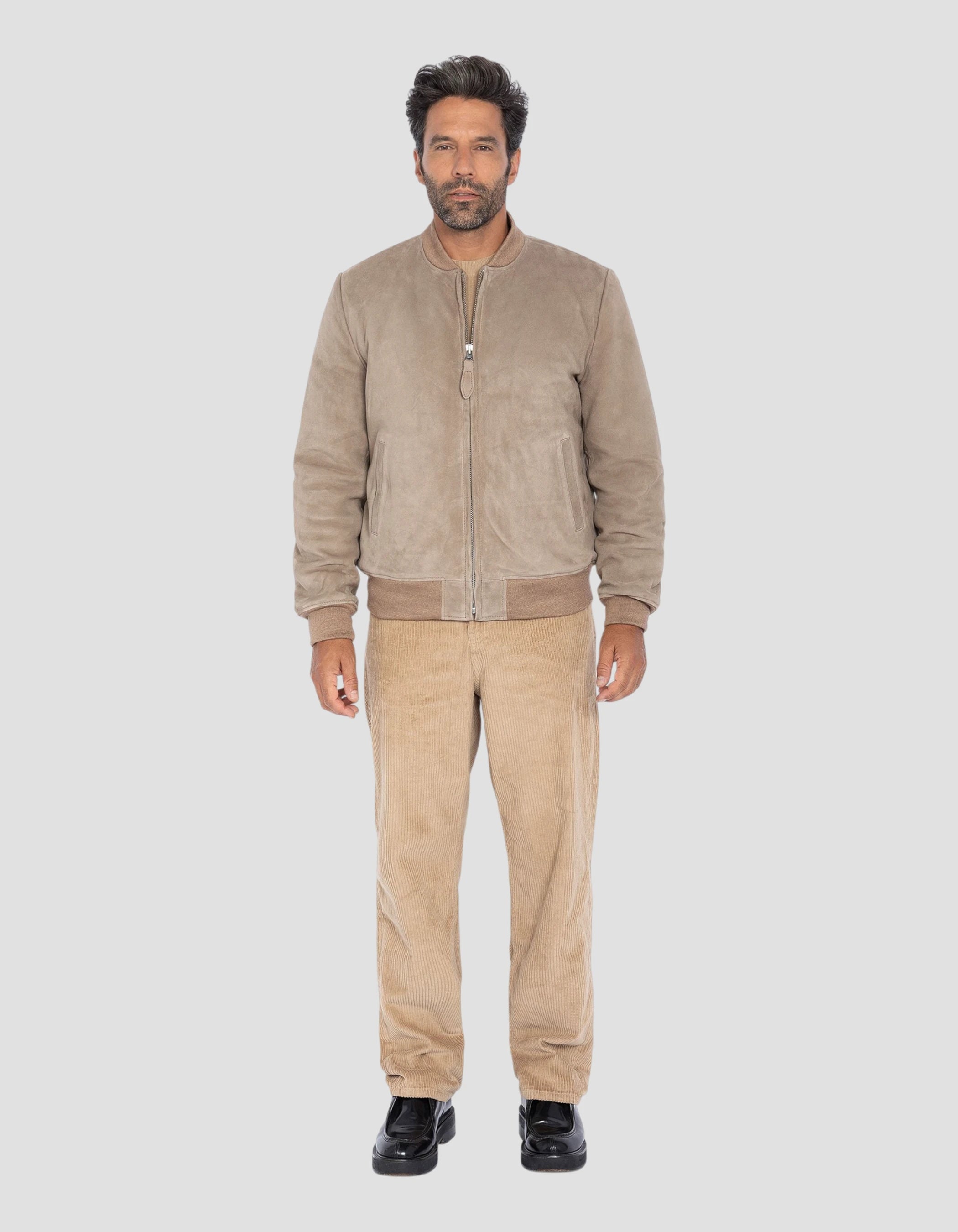 Dunkler beige Wildlederjacke, Ziegenleder-1