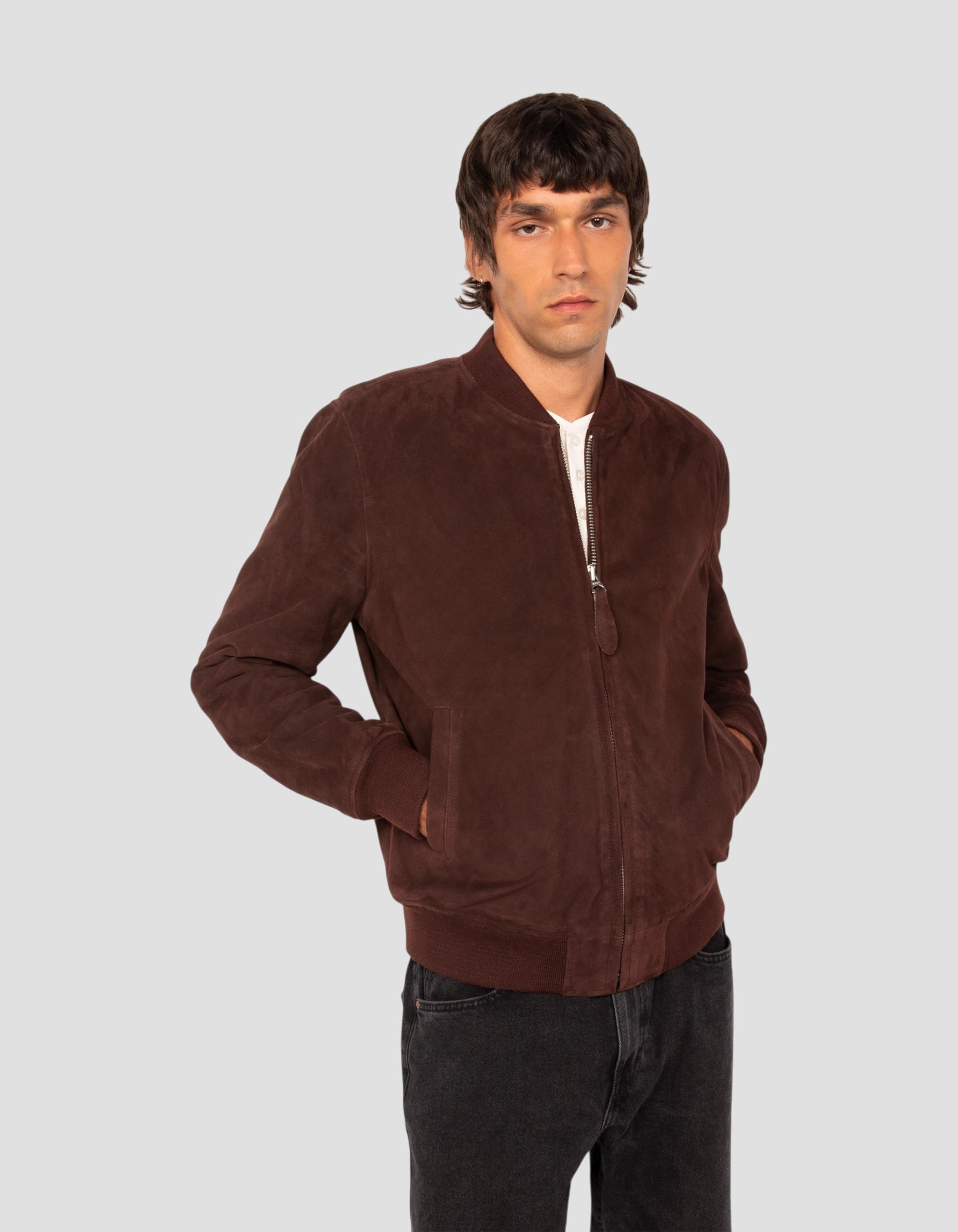 Blouson casual suédé marron foncé, cuir de chèvre-3
