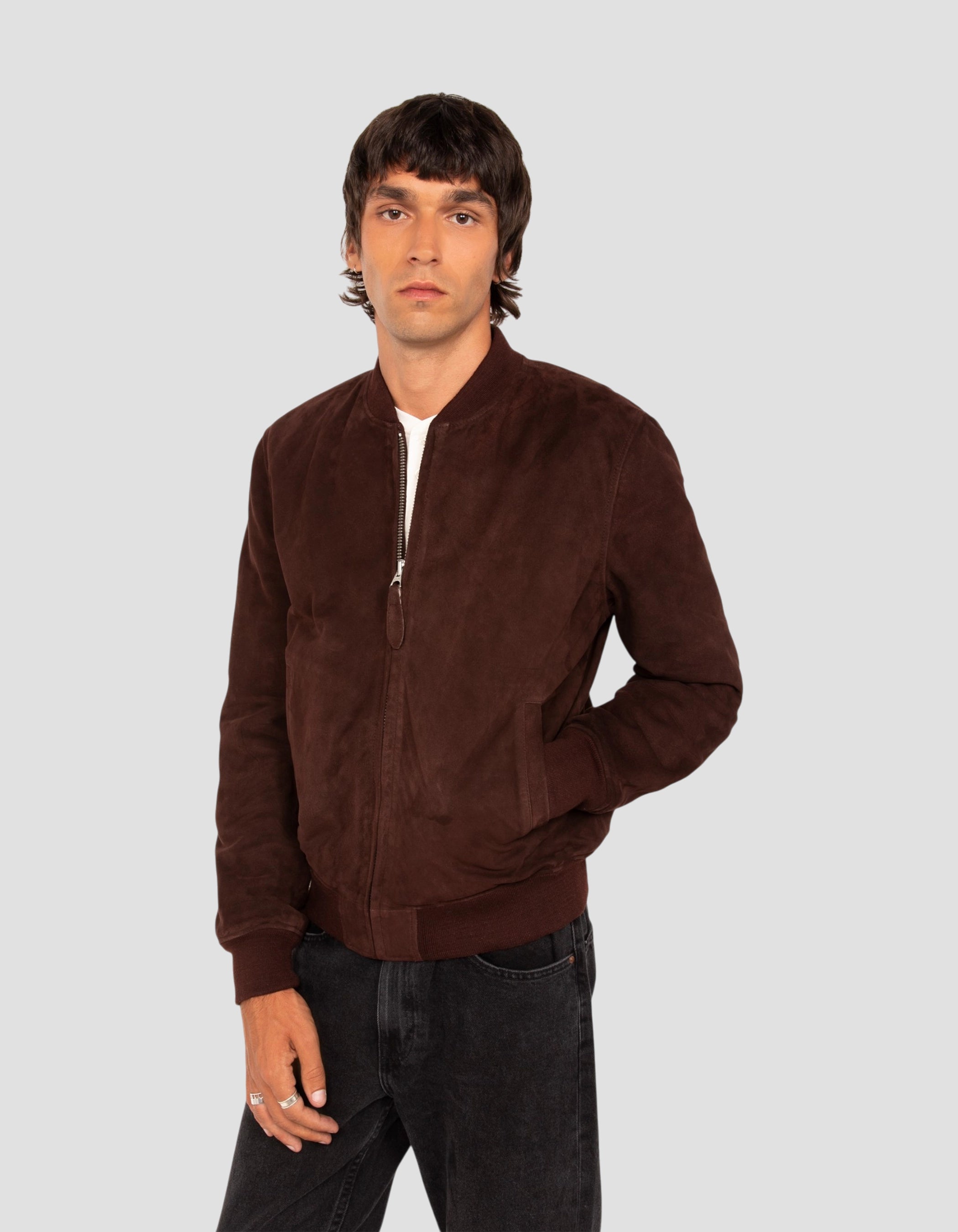 Blouson casual suédé marron foncé, cuir de chèvre-4