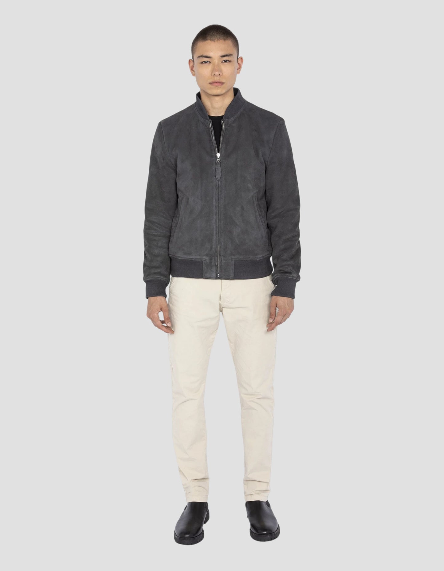 Dunkelgraue Wildlederjacke, Ziegenleder