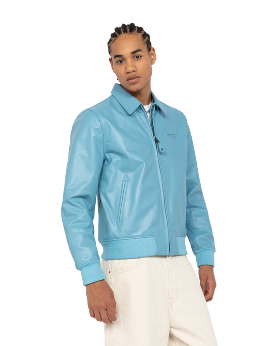 Chaqueta de cielo azul claro informal, cuero de cuero de vaca