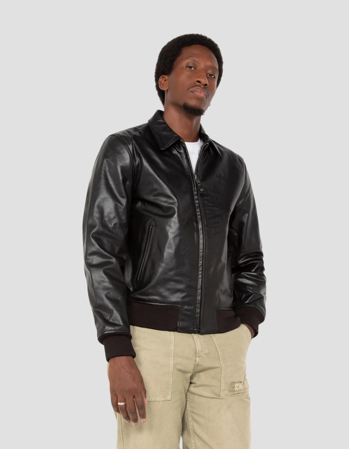Black cowhide casual jacket with ribbed trim