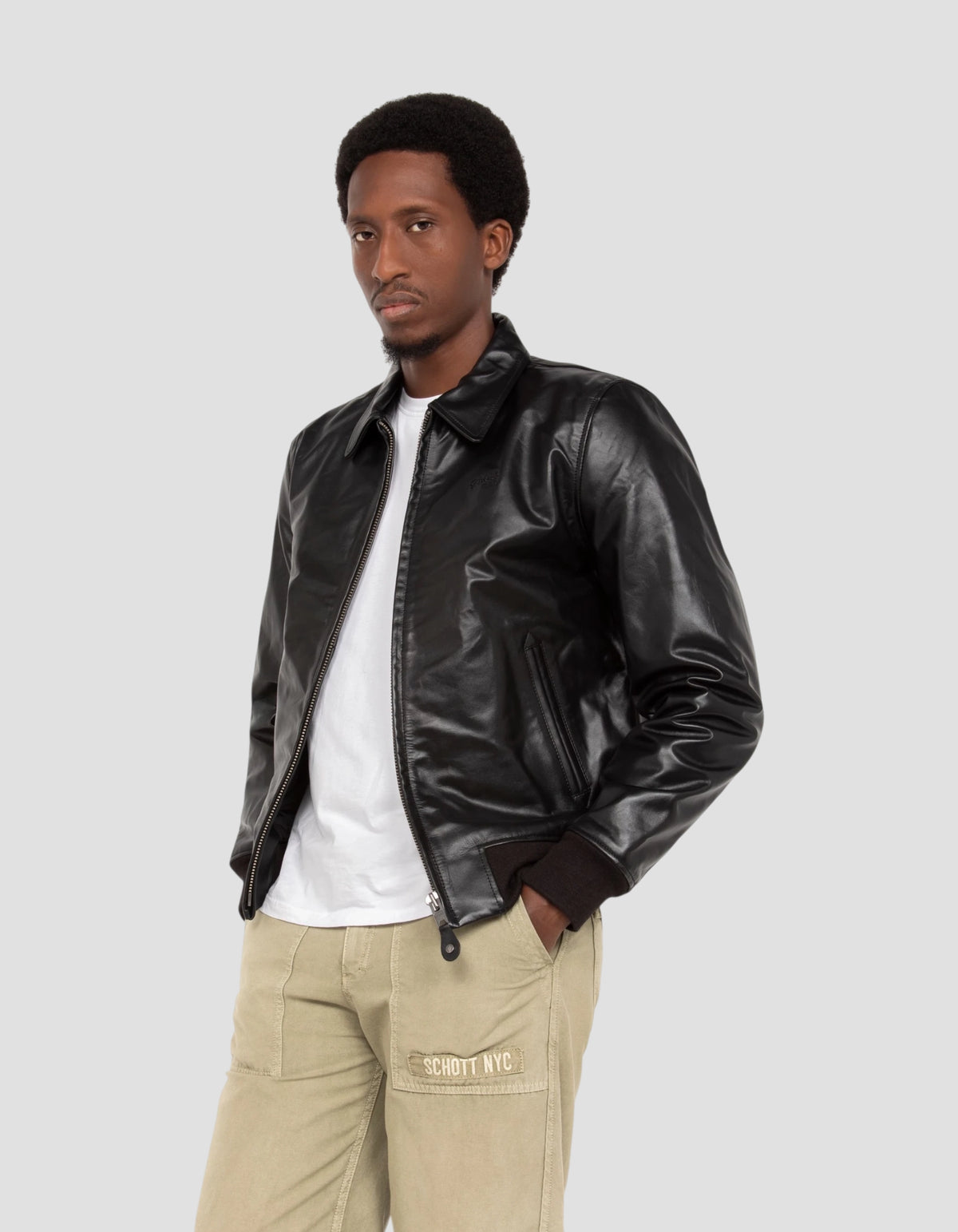 Black cowhide casual jacket with ribbed trim-4
