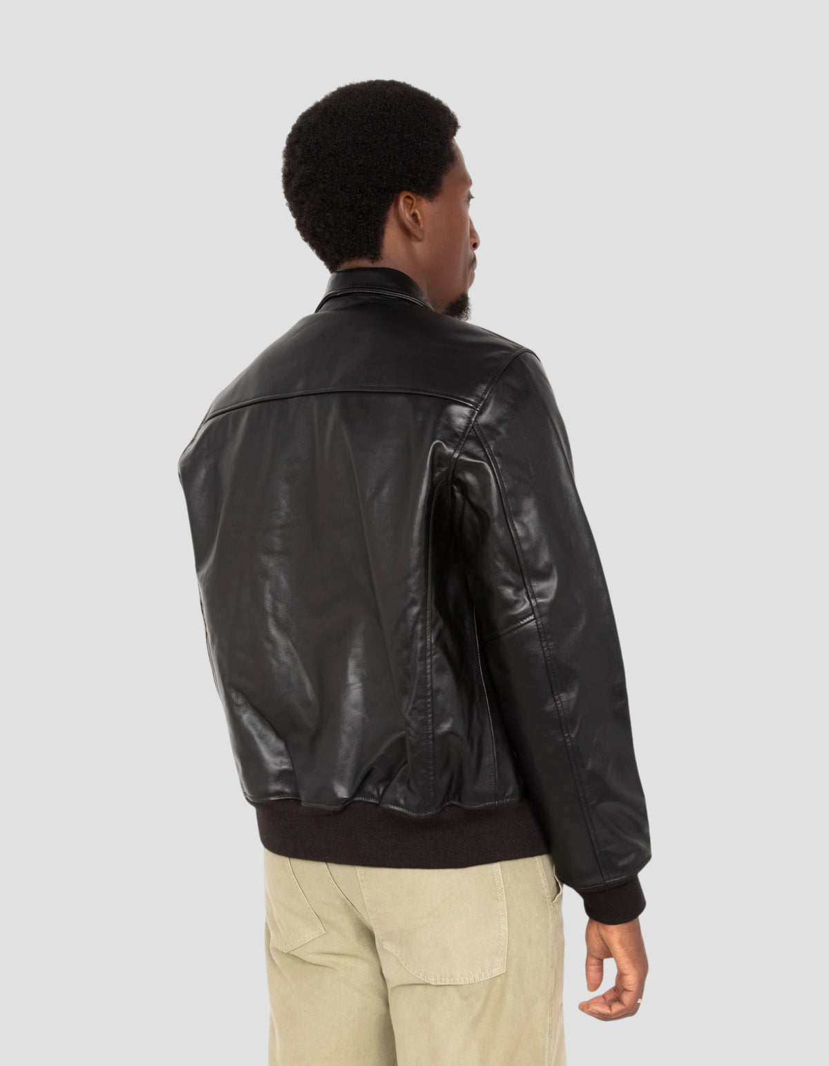 Black cowhide casual jacket with ribbed trim