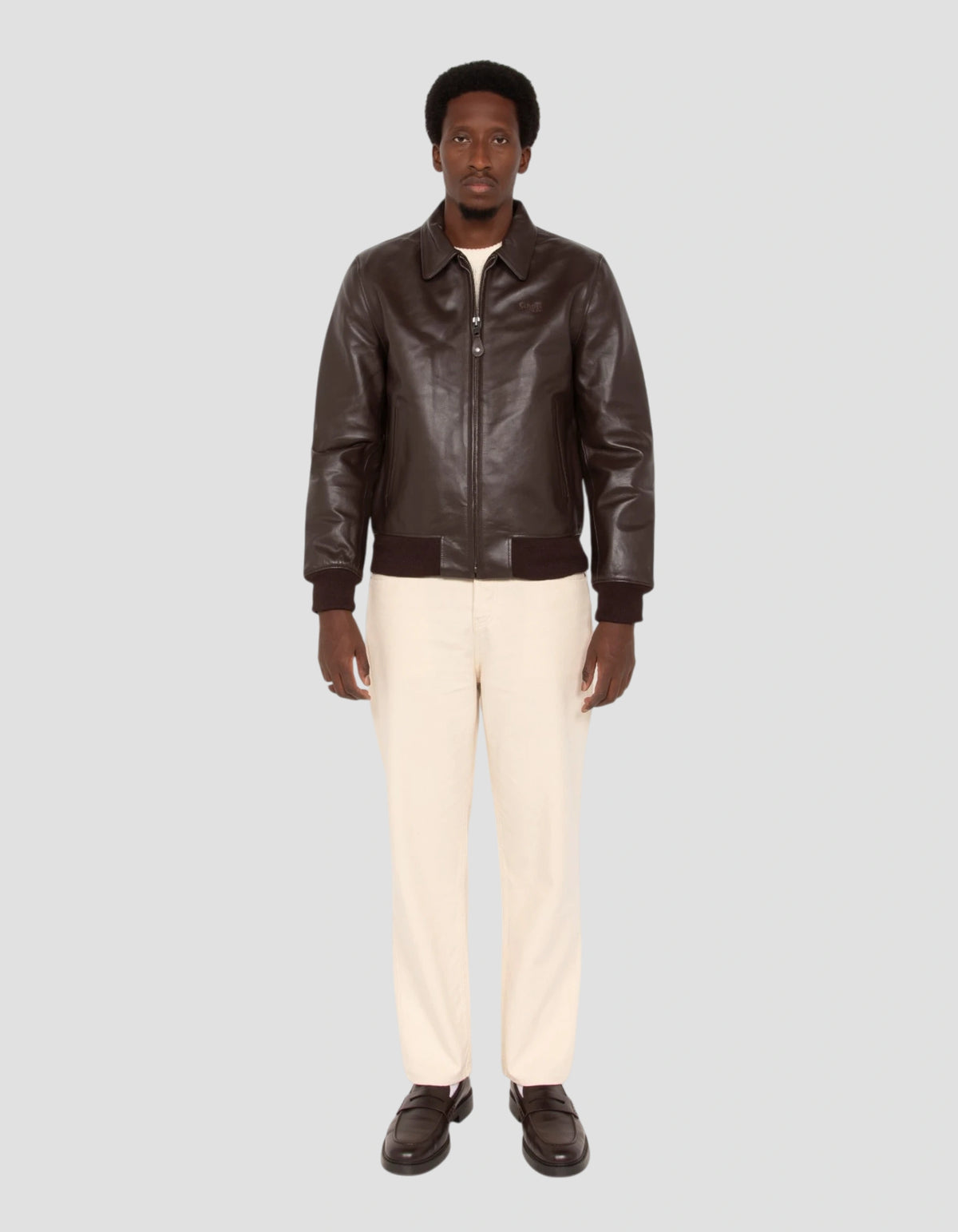 Blouson casual marron foncé finition bord côte, cuir de vachette-1