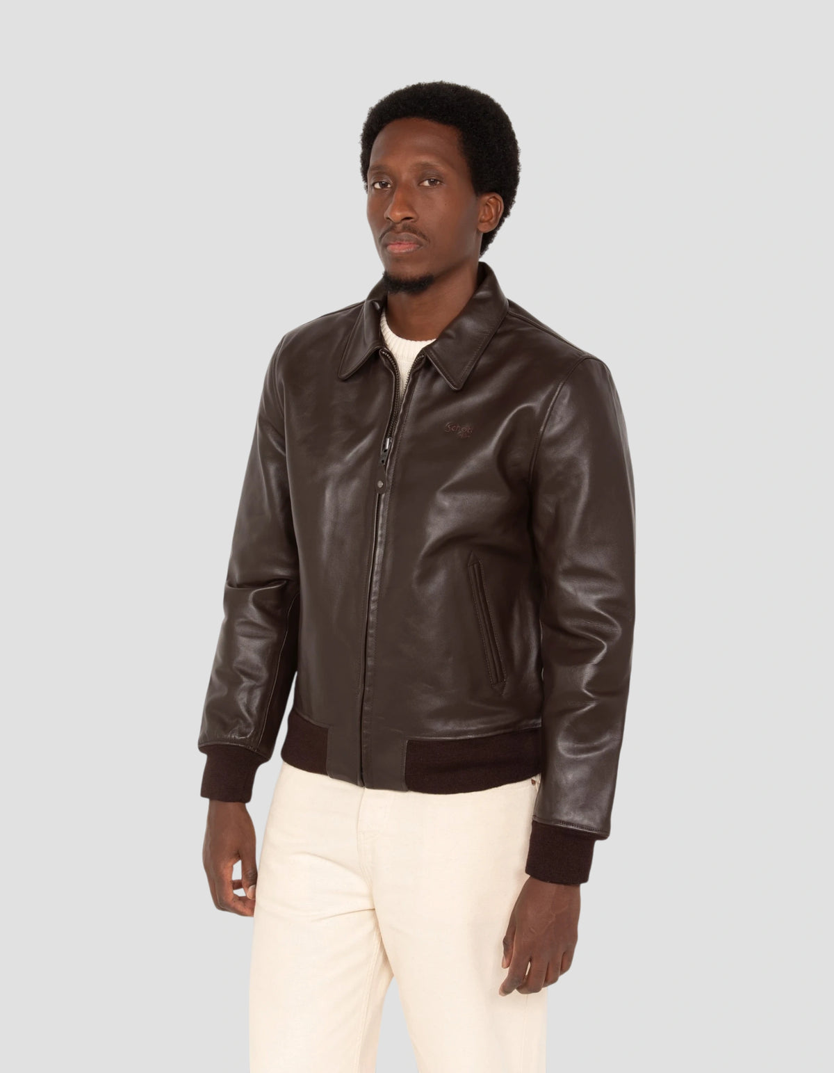 Blouson casual marron foncé finition bord côte, cuir de vachette