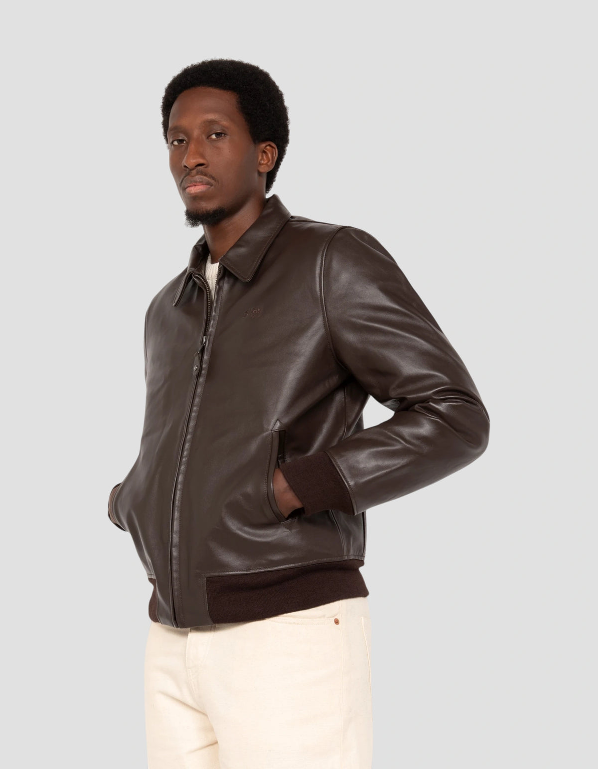 Blouson casual marron foncé finition bord côte, cuir de vachette-4
