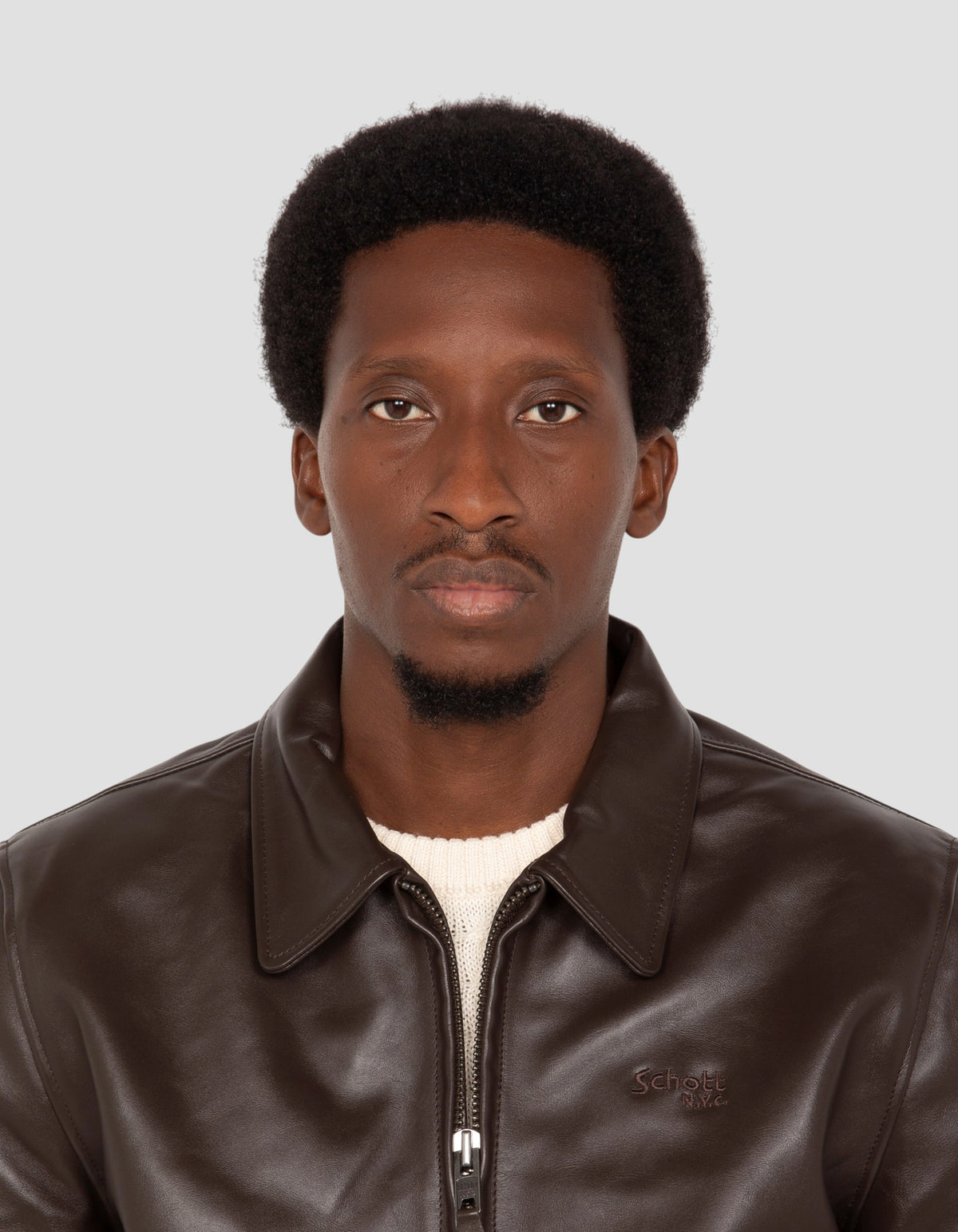Blouson casual marron foncé finition bord côte, cuir de vachette