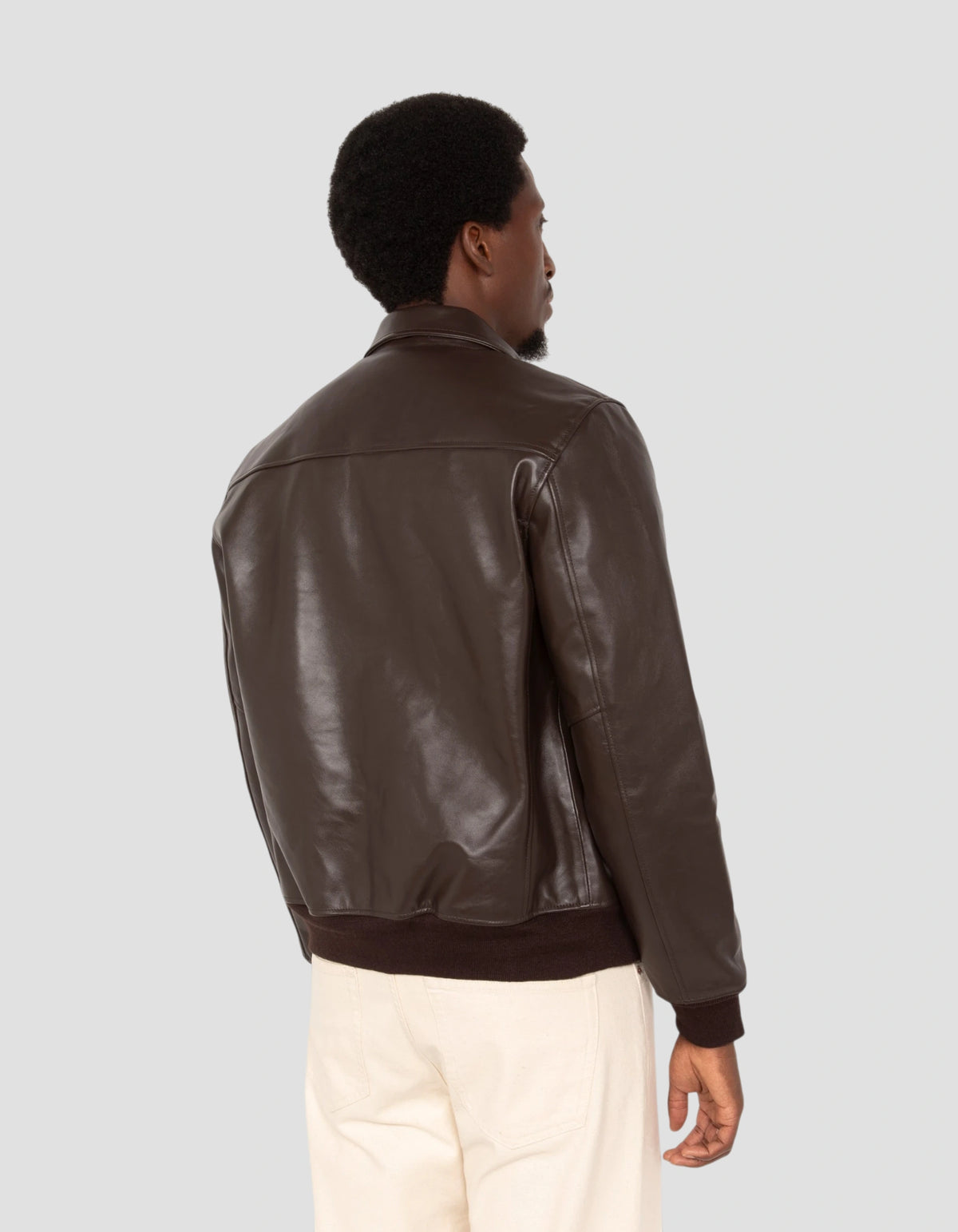 Blouson casual marron foncé finition bord côte, cuir de vachette