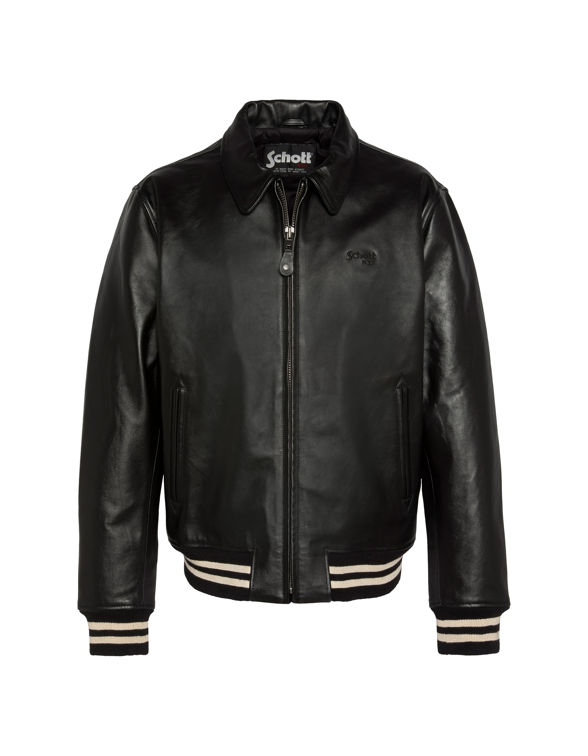 【schott】Cow leather-striped jacket Casual black jacket with striped hill edge, cowhide leather