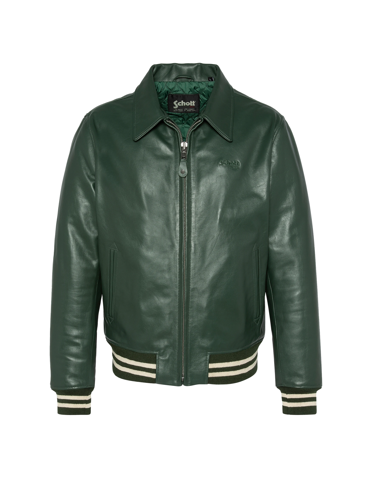 Chaqueta verde casual con borde de colina a rayas, cuero de piel de vaca