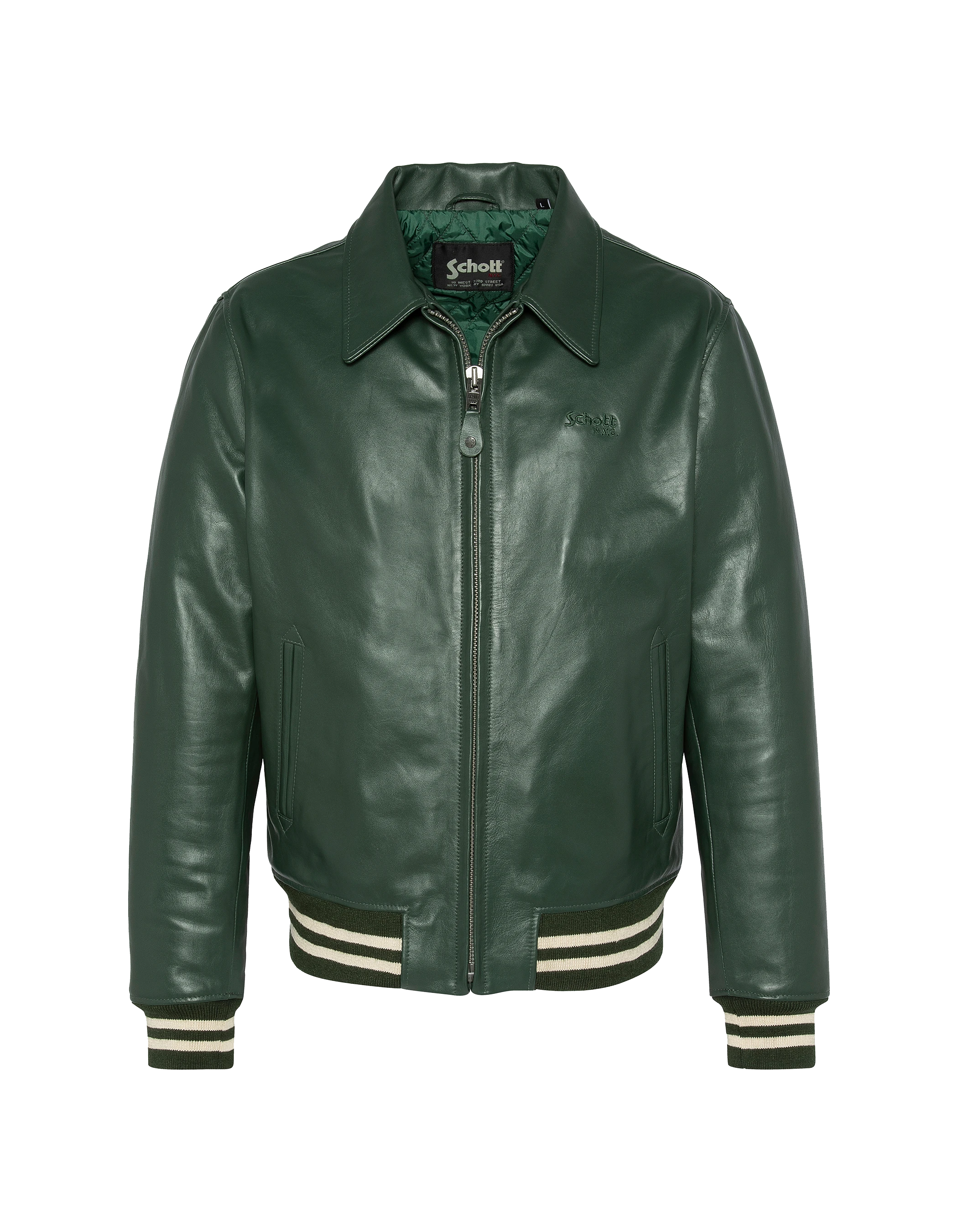Chaqueta verde casual con borde de colina a rayas, cuero de piel de vaca-2