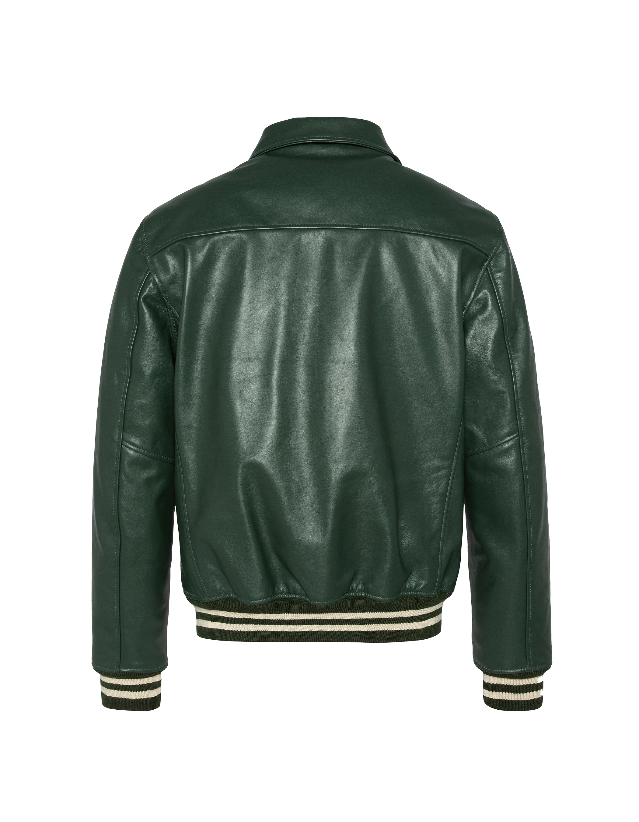 Casual green jacket with striped hill edge, cowhide leather Casual green jacket with striped hill edge, cowhide leather