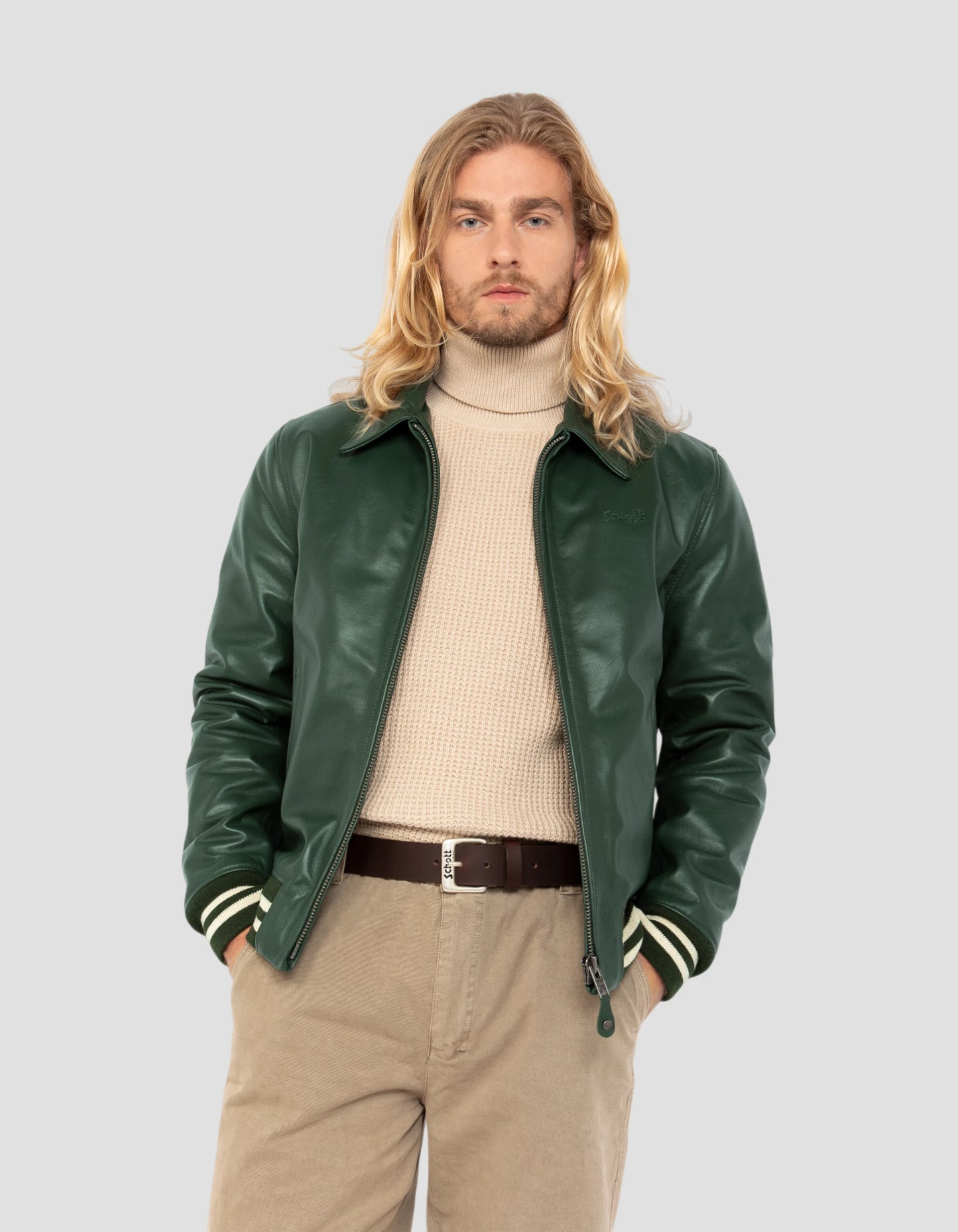 Chaqueta verde casual con borde de colina a rayas, cuero de piel de vaca