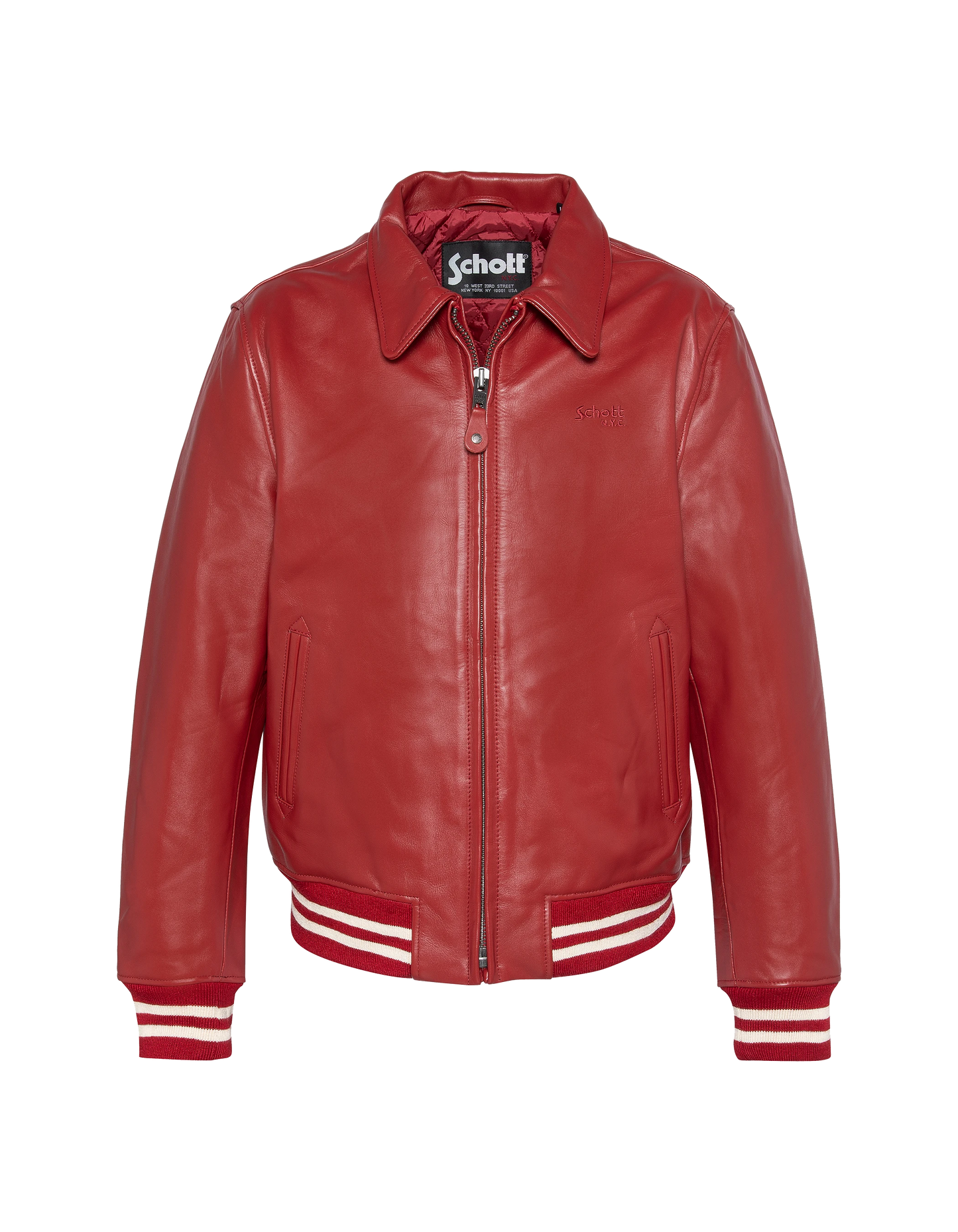 Chaqueta roja casual con borde de colina a rayas, cuero de piel de vaca