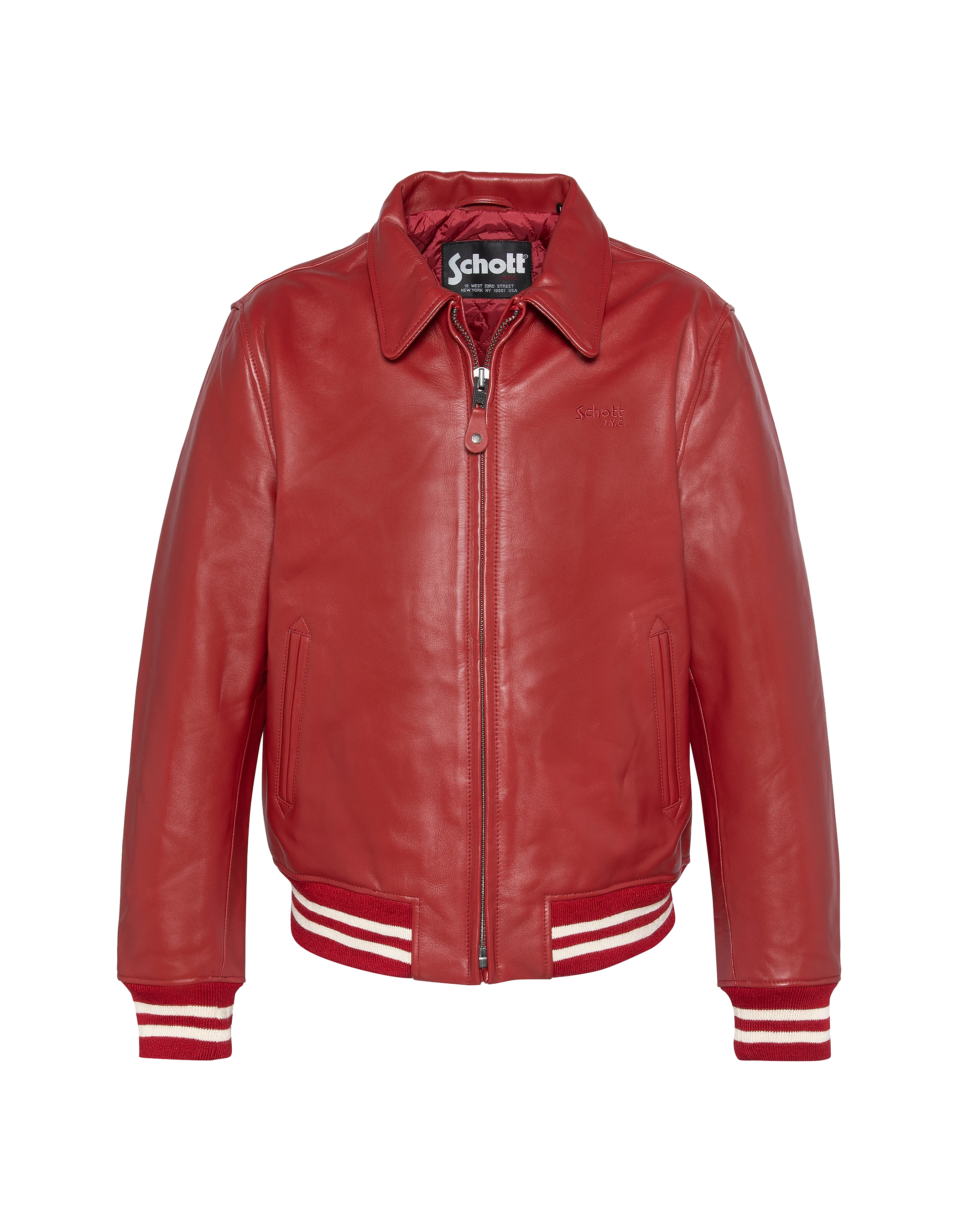 Chaqueta roja casual con borde de colina a rayas, cuero de piel de vaca-1