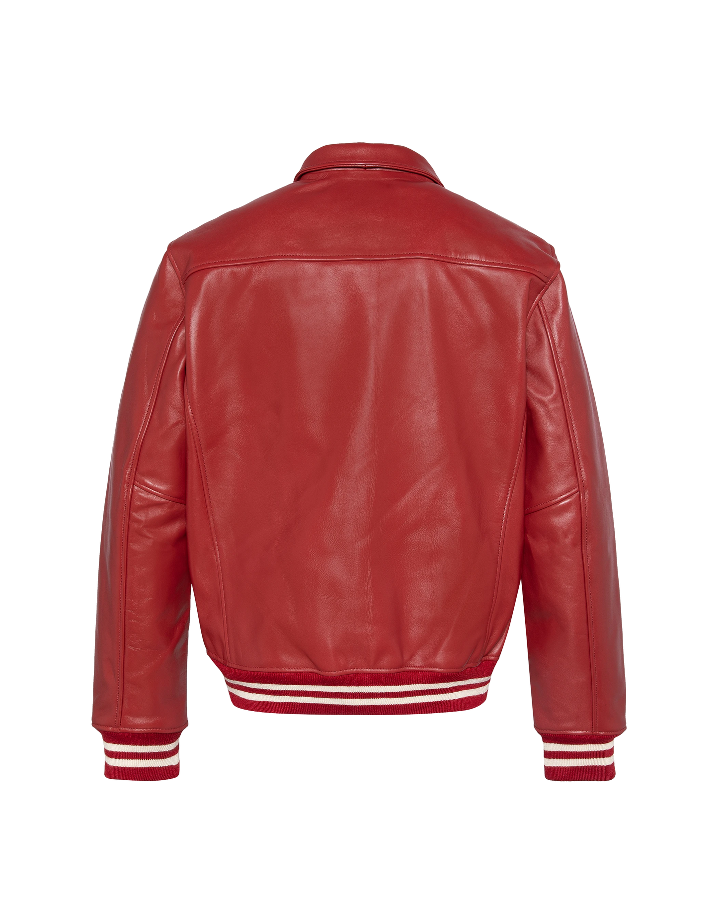 Chaqueta roja casual con borde de colina a rayas, cuero de piel de vaca