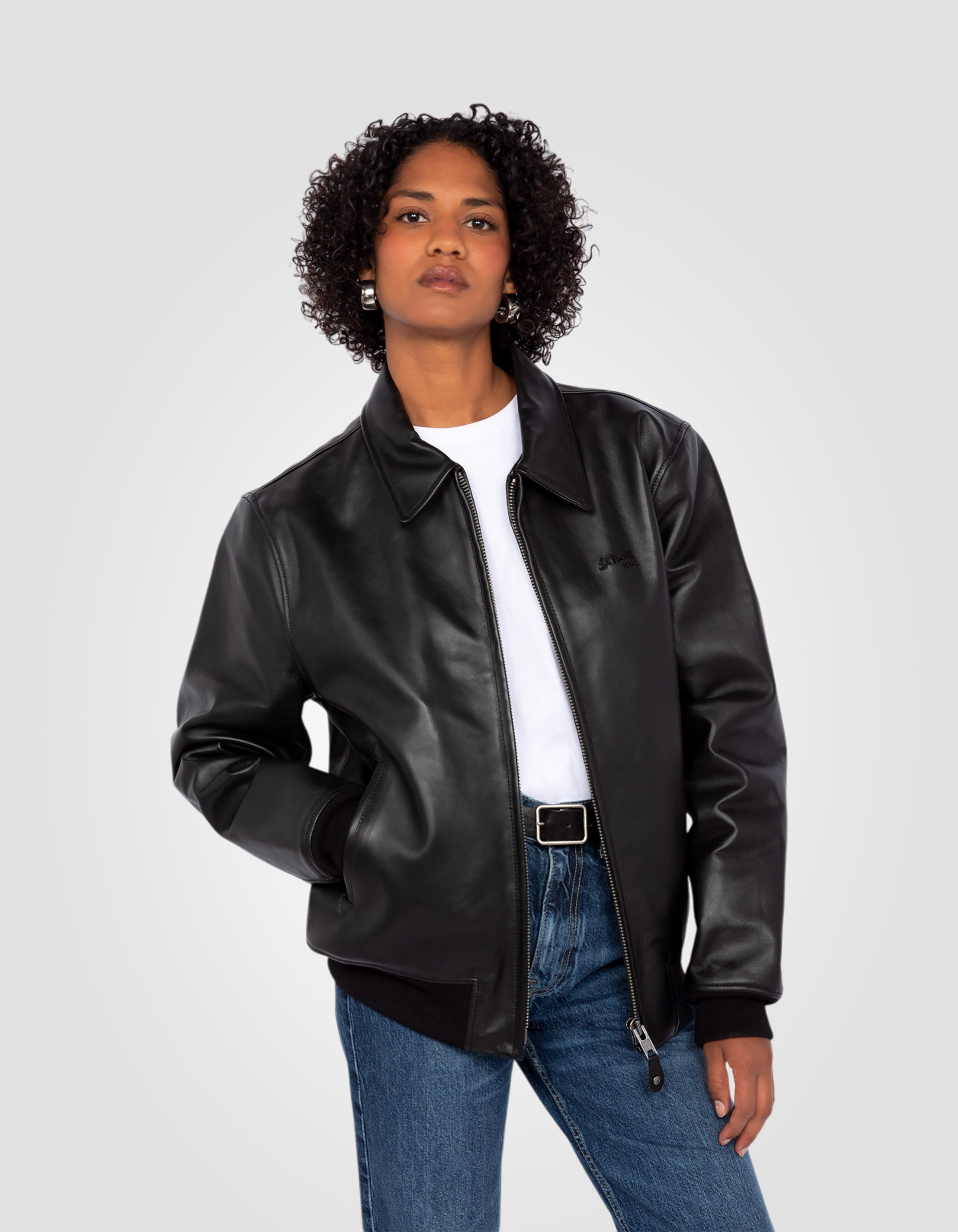 schott ウールリブジャケット Black casual jacket finish rib edge, cowhide leather - LC5100RIBW