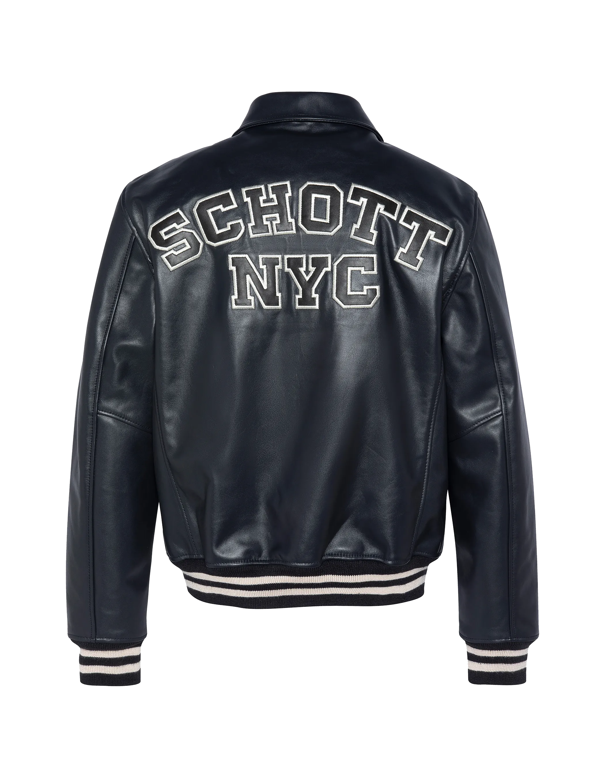Navy varsity jacket, cowhide leather - LC5100STRIPE | Schott NYC® Navy varsity jacket, cowhide leather - LC5100STRIPE | Schott NYC®