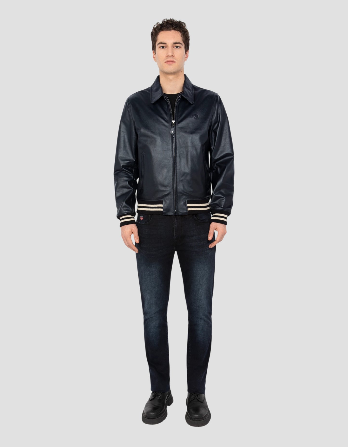 Giacca da guerra blu navy, cuoio in pelle di mucca