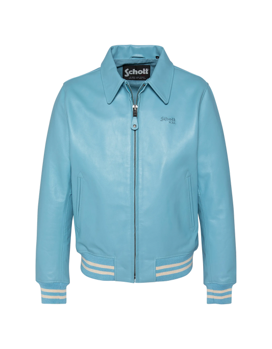 Blouson varsity bleu ciel, cuir de vachette