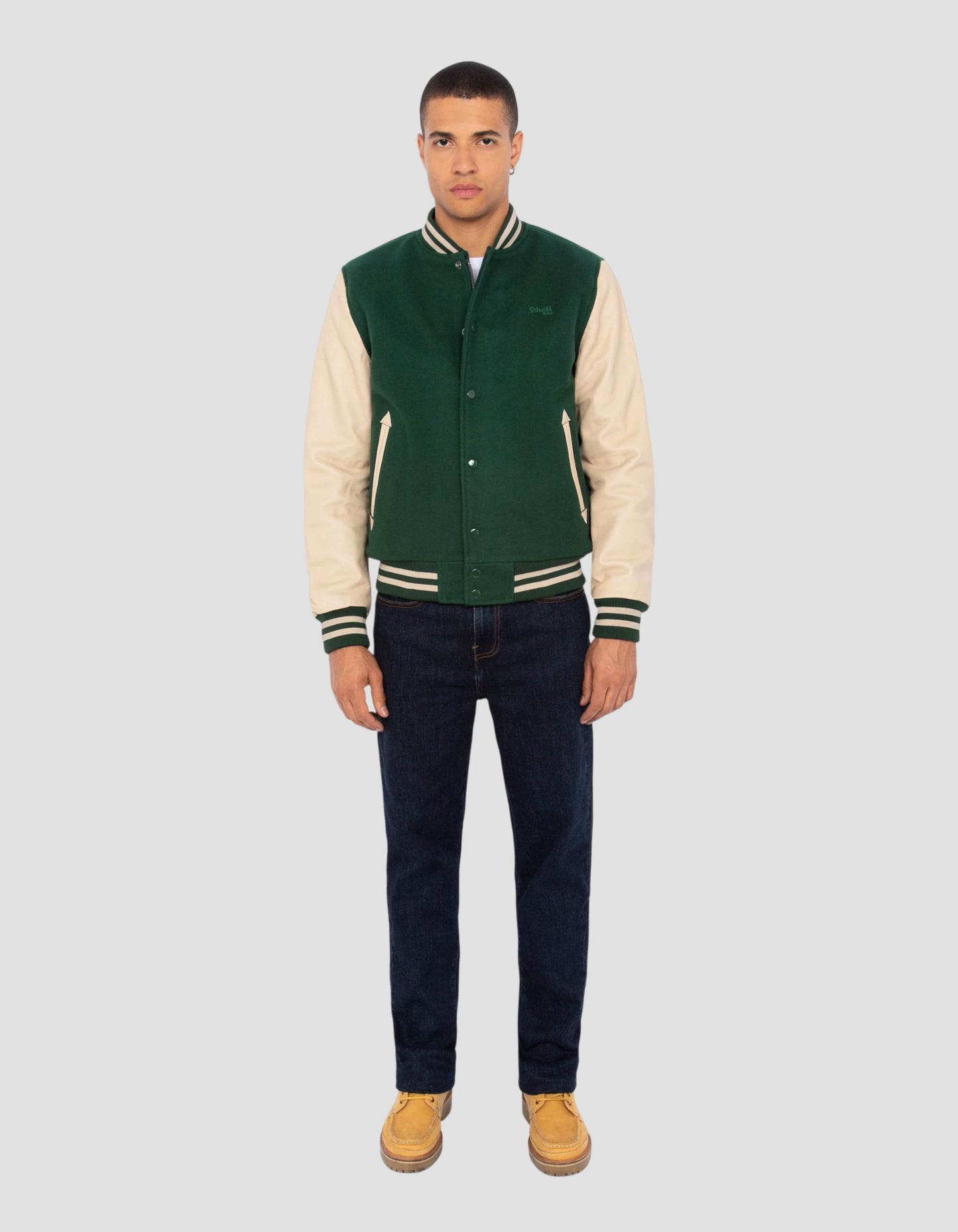Blouson teddy vert et beige, cuir de vachette