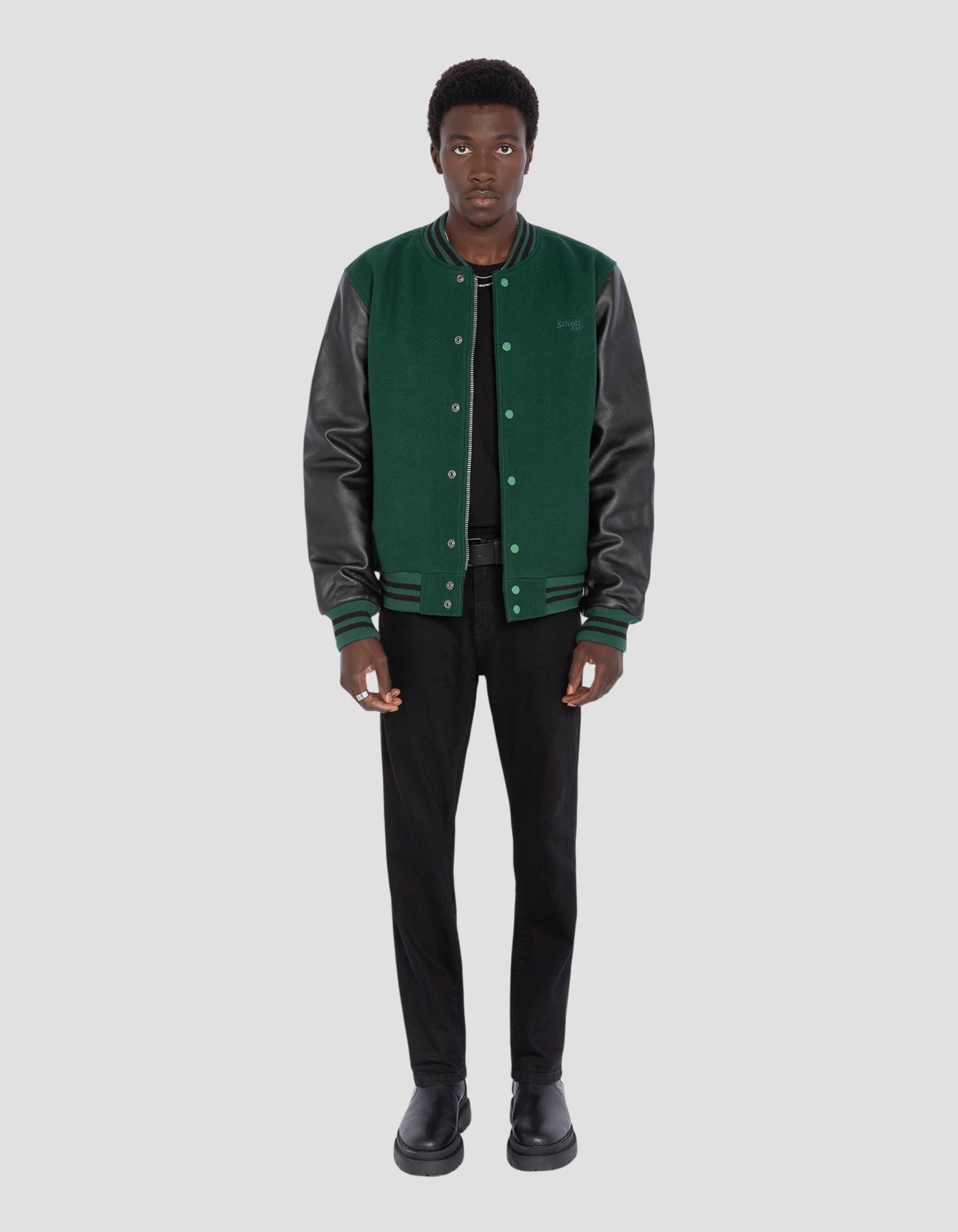 Green and black teddy jacket, cowhide leather-1