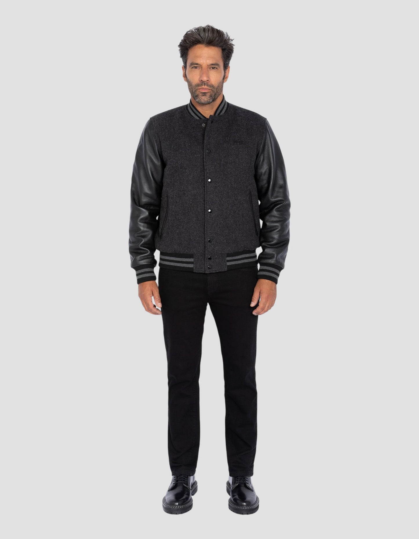 Blouson teddy gris et noir, cuir de vachette