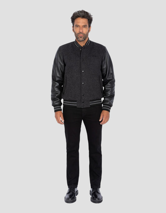 Blouson teddy gris et noir, cuir de vachette