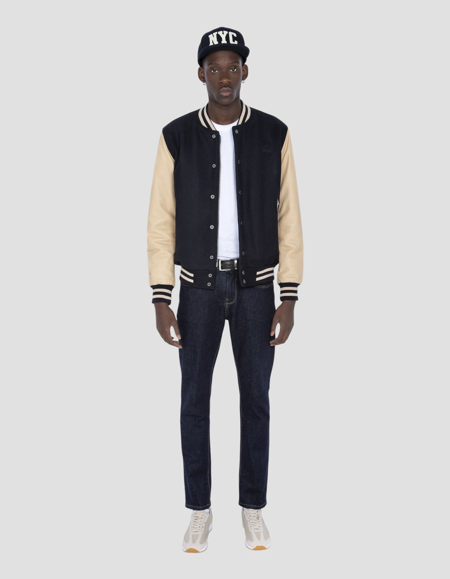 Blouson teddy bleu marine et beige, cuir de vachette