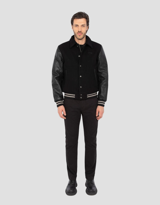 Blouson teddy à col full black, cuir de vachette