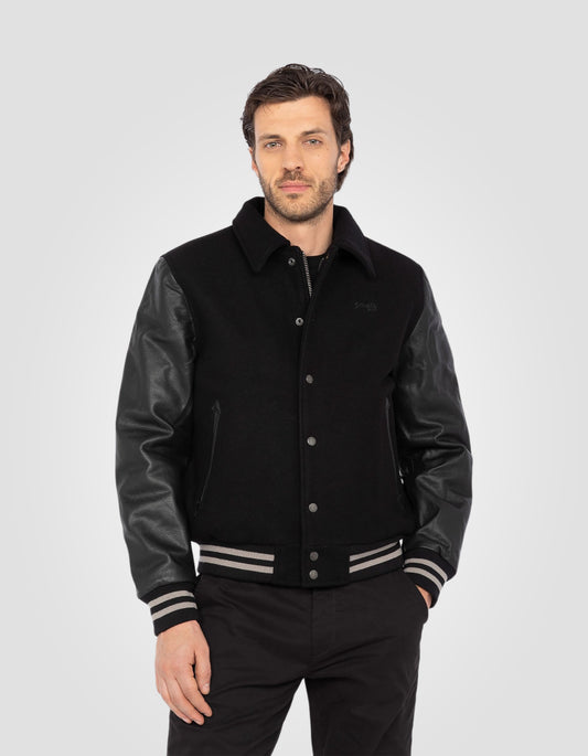 Blouson teddy à col, cuir de vachette
