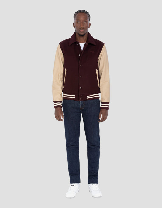Burgundy and beige teddy jacket with collar, cowhide leather