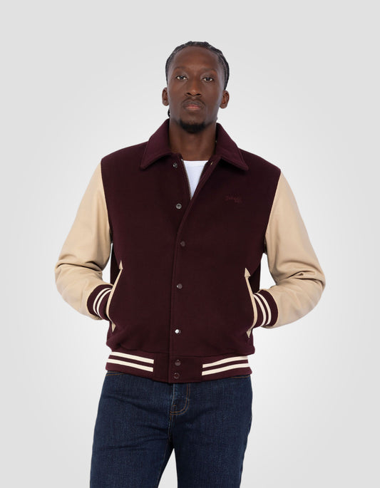Burgundy and beige teddy jacket with collar, cowhide leather