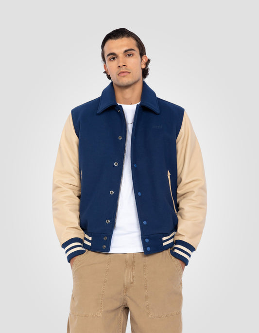 Cobalt and beige teddy jacket, cowhide leather