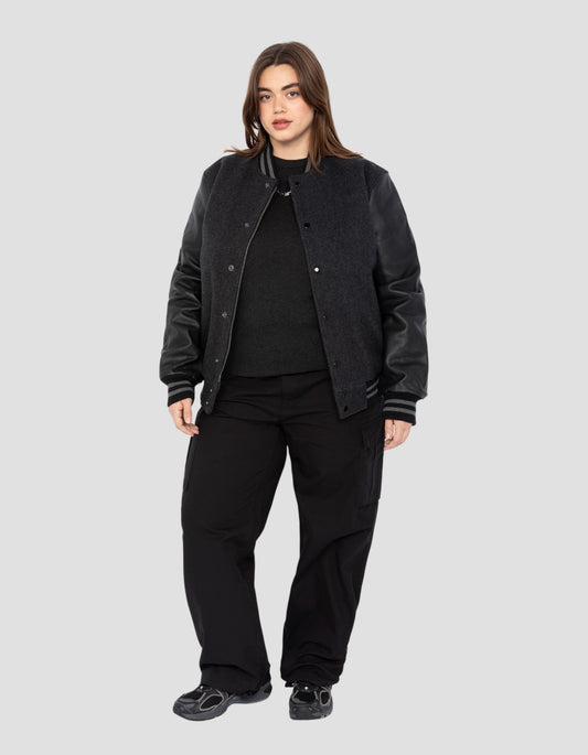 Grey and black varsity jacket, cowhide leather, plus size