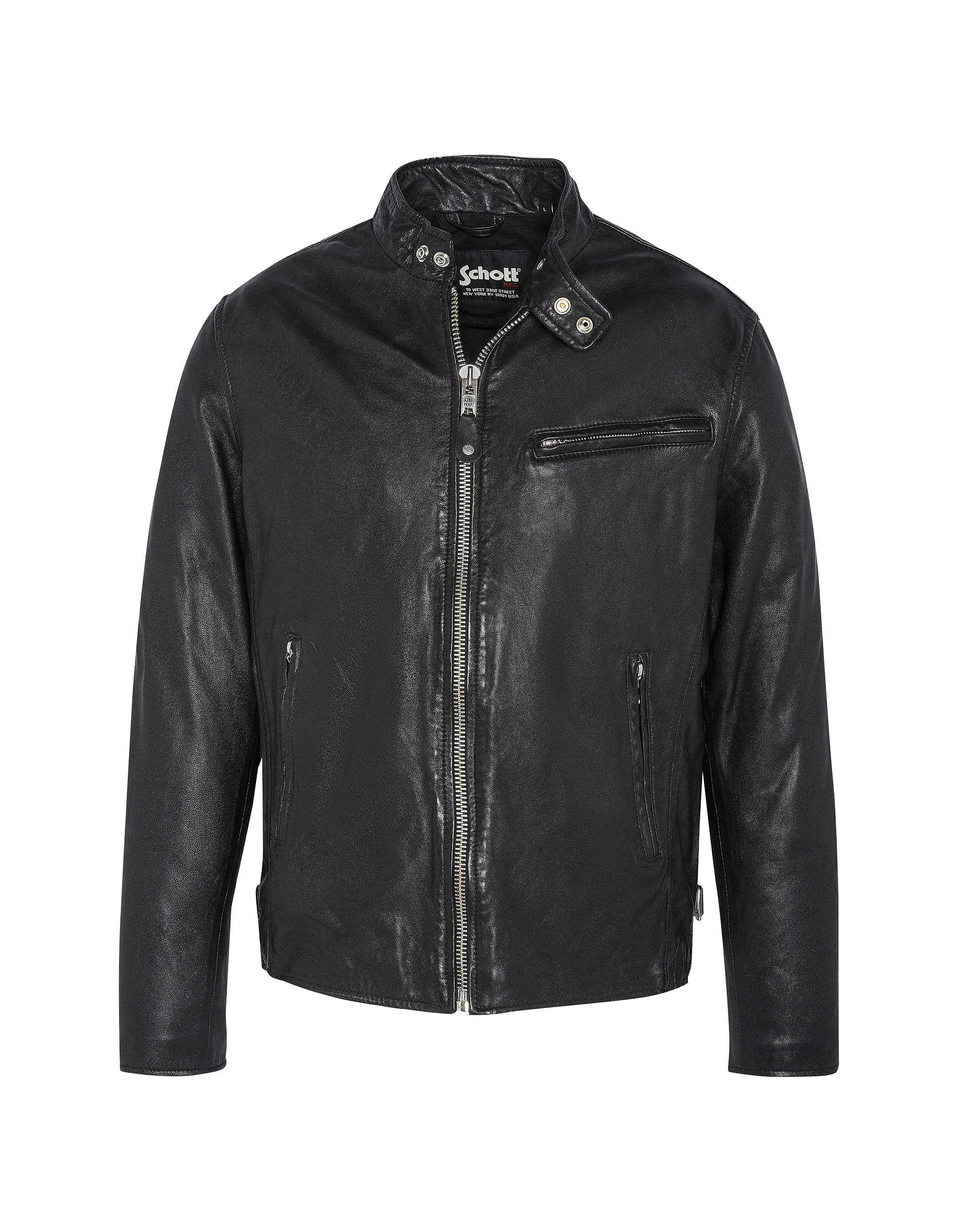Blouson café racer noir effet usé, cuir d'agneau-1