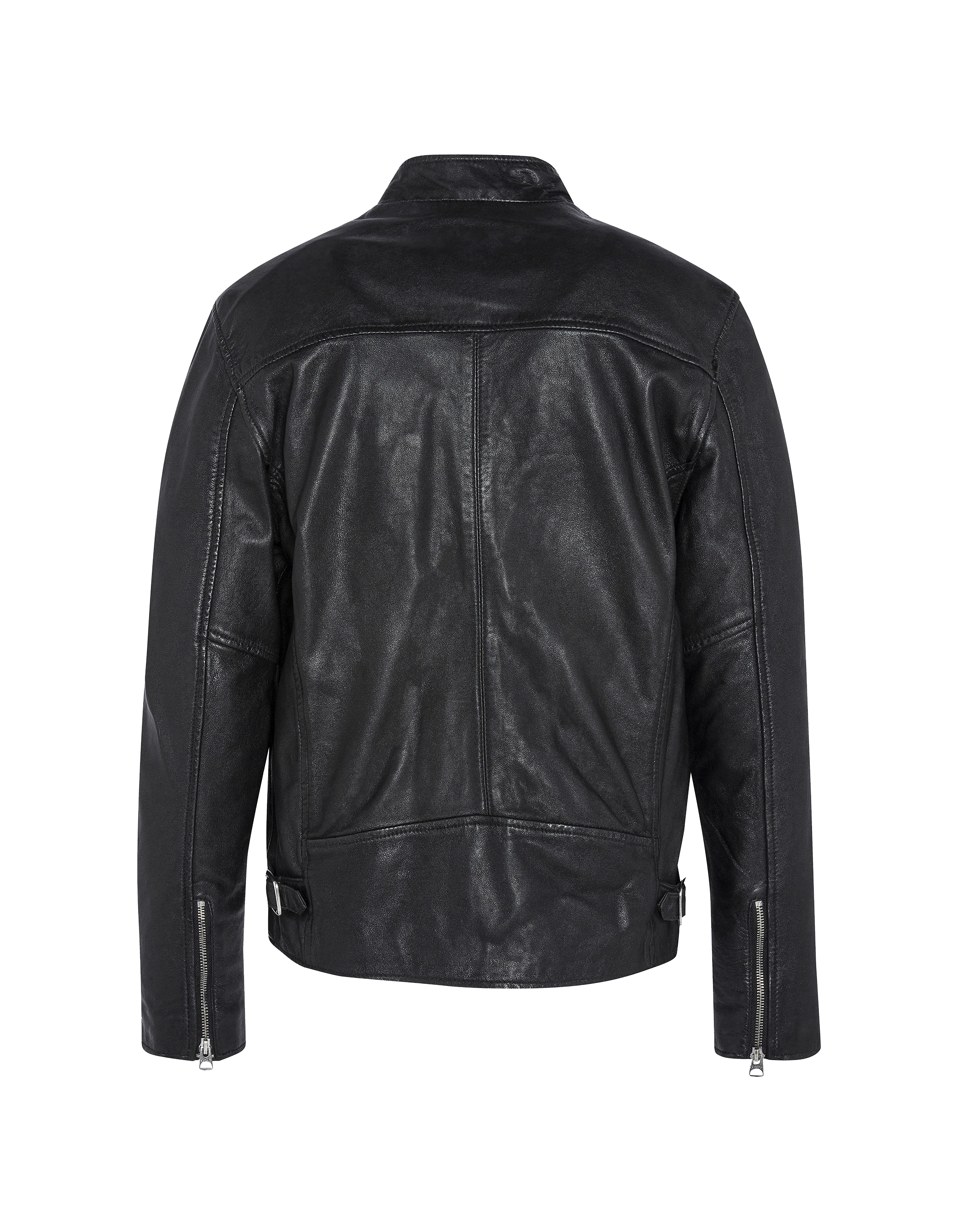 Blouson café racer noir effet usé, cuir d'agneau-2