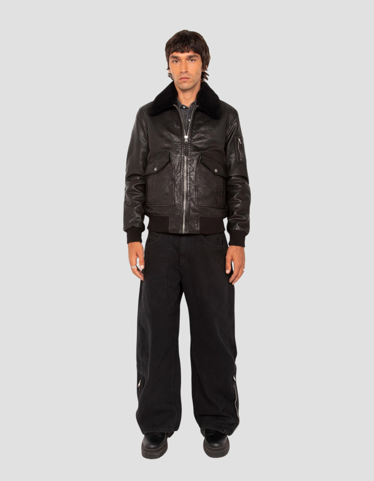 flight jacket black with removable shearling collar, lambskin leather-1