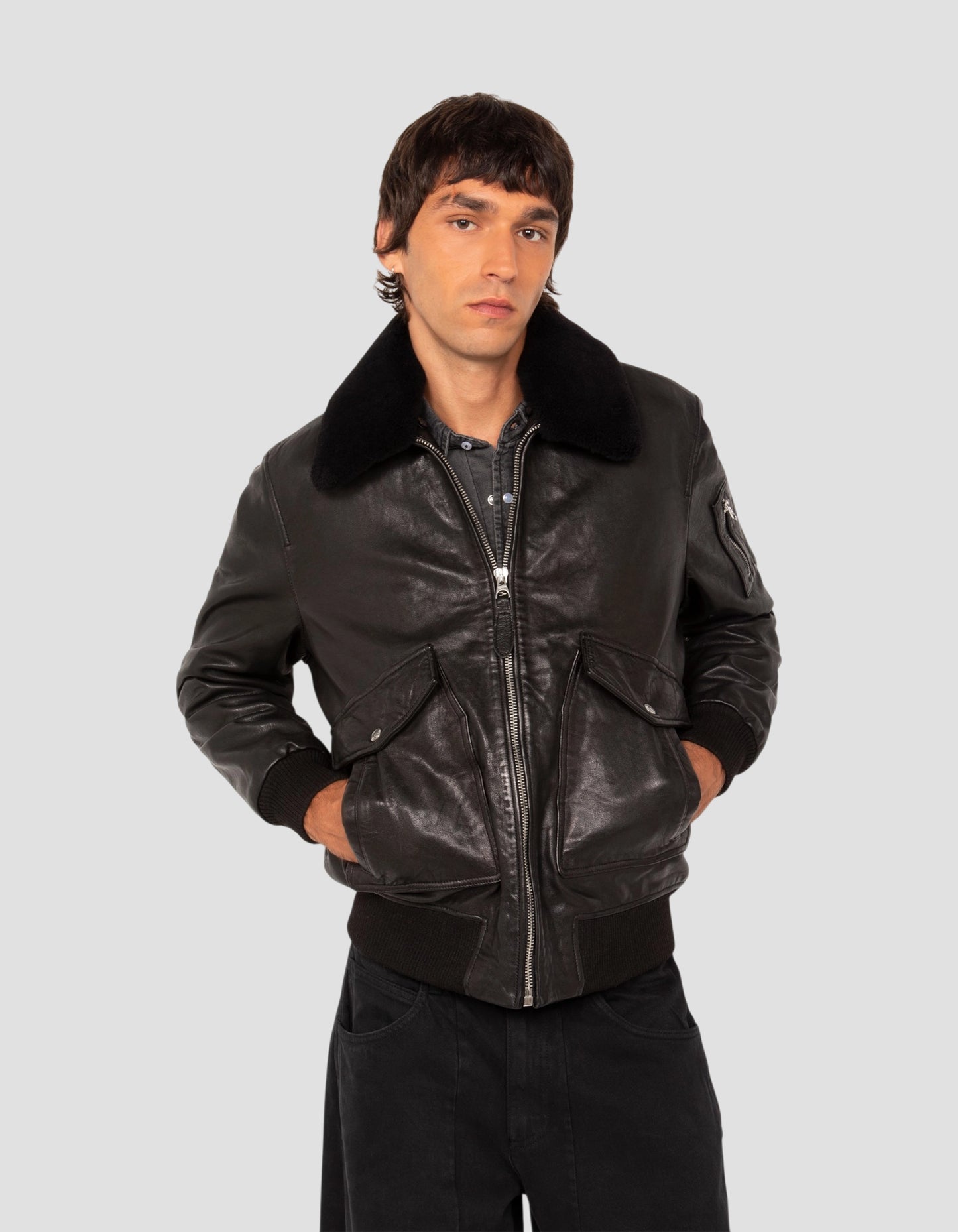 flight jacket black with removable shearling collar, lambskin leather