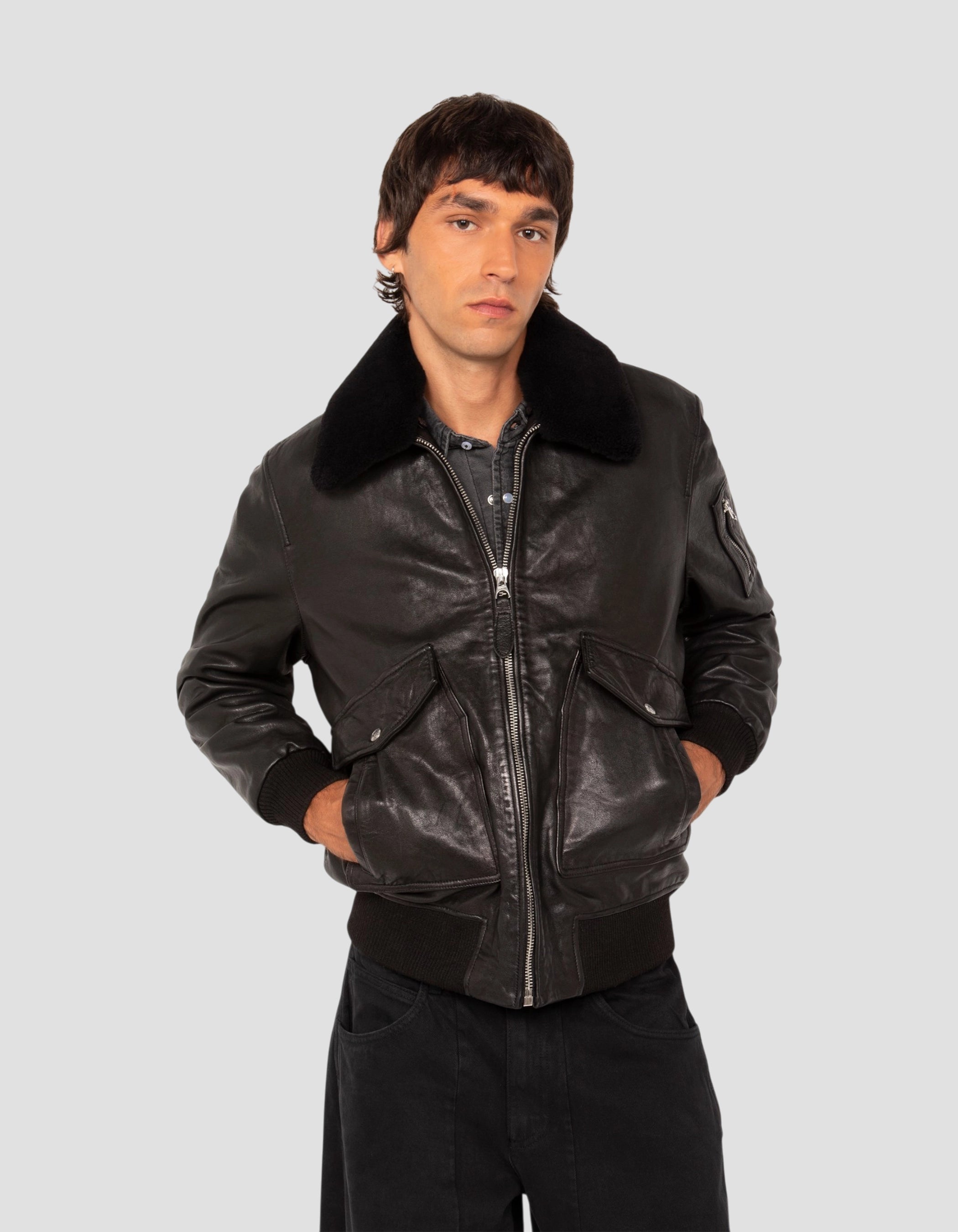 flight jacket black with removable shearling collar, lambskin leather-3
