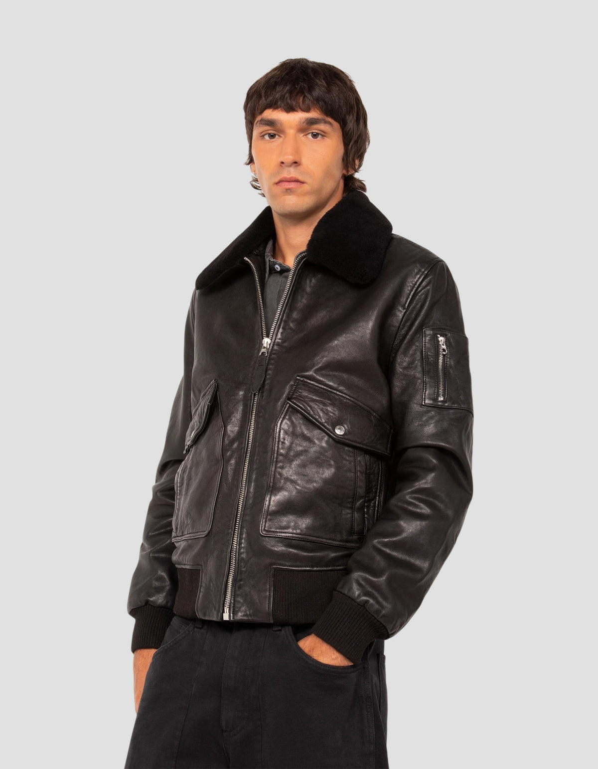 flight jacket black with removable shearling collar, lambskin leather-4
