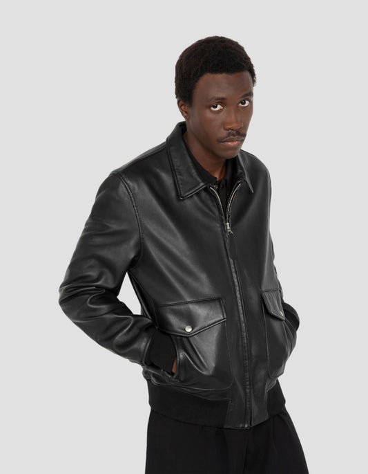 Blouson pilote noir, cuir d'agneau